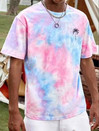 Manfinity Chillmode Men Summer Sports Leisure Colorful Tie-Dye Coconut Tree Printed Round Neck Short Sleeve T-Shirt, For Going Out, For Friends, 2000s Style