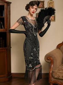 LVNES 1920s Art Deco Fringed Sequin Dress Roaring 20s Flapper Homecoming Dress - Black - View 3