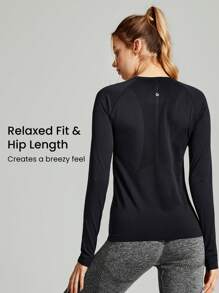 GLOWMODE Seamless Coolmax® Jacquard Relaxed Fit Long Sleeve Tee Workout Daily Summer - Black - View 4