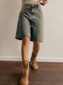 DAZY Women Loose Fit Bermuda Denim Shorts With Pockets Y2k - Blue - View 5