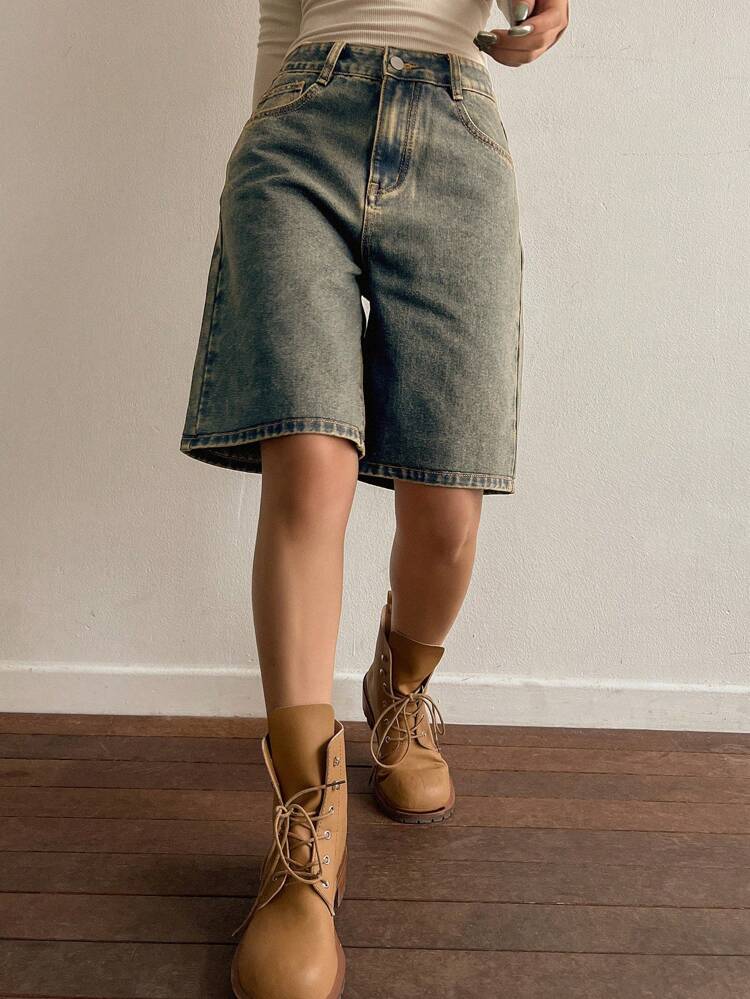 Women Loose Fit Bermuda Denim Shorts With Pockets Y2k Jorts