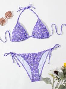 SHEIN Swim 夏季海灘花印頸掛式比基尼套裝,隨機印花圖案 - 彩色 - 查看 3