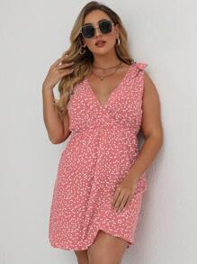 SHEIN Holidaya 大尺碼女士夏季重疊V領心形印花肩結無袖連衣裙 - 粉色 - 查看 1