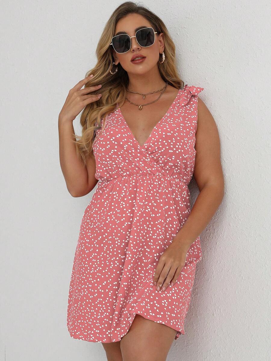 SHEIN Holidaya 大尺碼女士夏季重疊V領心形印花肩結無袖連衣裙 - 粉色 - 查看 1