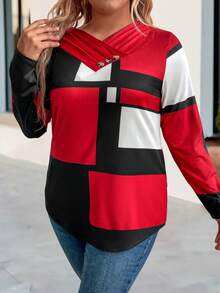 SHEIN LUNE Áo thun dài tay xếp li Plus Size Colorblock - Đỏ - Xem 4