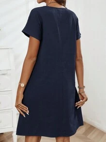 SHEIN LUNE 夏季休閒拉鍊半扣紐裝飾雙口袋短袖連衣裙 - 藏蓝色 - 查看 2
