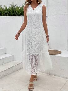 EMERY ROSE Letnia koronkowa sukienka bez rękawów z falbaną