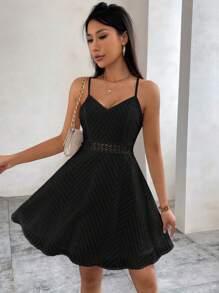 Firerie Wedding Journal Lace Splice Women Solid Color Sleeveless Dress With Lace Hem - Black - View 4