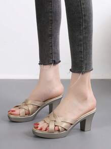 Ladies' Evening Gold Cross Strap Chunky Heel Mules - Gold - View 3