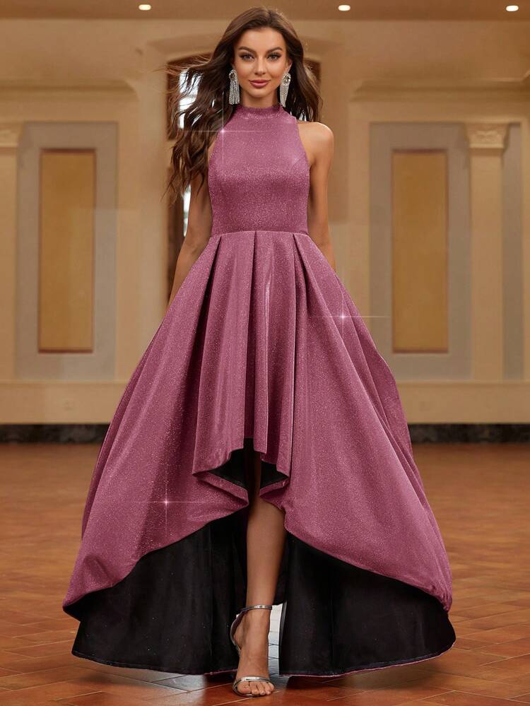 Women'S Sparkly Evening Dress With Large Hem, Short Front And Long Back, And Small Stand Collar Ball Gowns Woman Formal