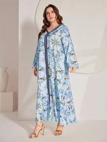 Al Najma Kích thước lớn Hoa In Cổ chữ V Lỏng lẻo Đầm - Màu xanh lam - Xem 3