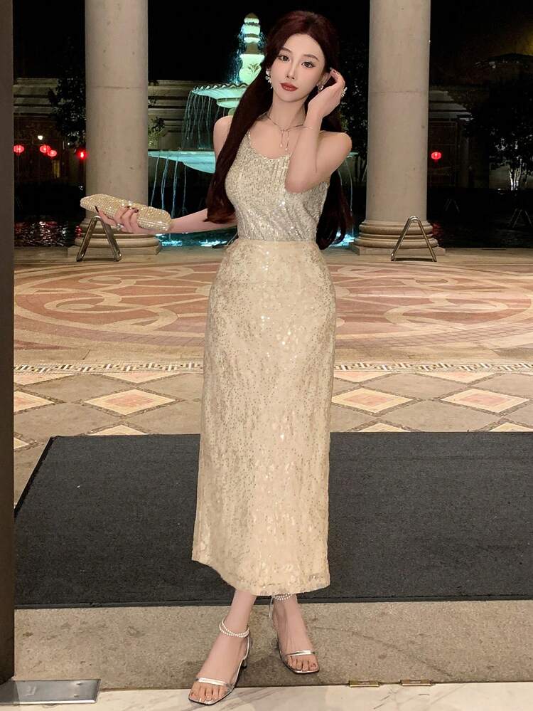 Women's Spring/Summer Fashionable Sequined High Slit Skirt With Back Zipper Prom Dressing