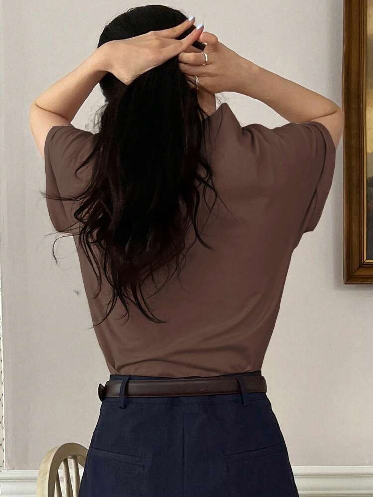 Women Round Neck Letter Print Casual Daily Wear Short Sleeve T-Shirt For Spring And Summer