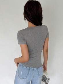 Dazy Star Women Solid Color Casual Daily Wear Short Sleeve T-Shirt For Spring And Summer Preppy Tops - Grey - View 5