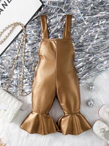 Baby Girl Spring/Summer Faux Leather Metal Strap Flared Jumpsuit - Camel - View 1