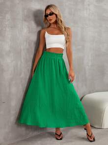 SHEIN Essnce Summer Green Large A-Line Elastic Waistband Texture Fabric Casual Vacation Long Skirt - Green - View 5
