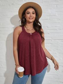 SHEIN LUNE Plus Size Summer Simple Loose Pleated Casual Tank Top - Red - View 2