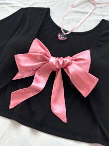 Dreamara Camiseta Sexy Recortada Con Diseño De Nudo De Lazo De Bloque De Color Negro Para La Espalda De Talla Grande Para El Verano