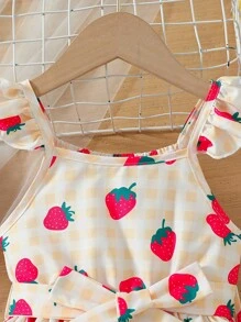 SHEIN Vestido colorido de comprimento médio com impressão de morango de dopamina para meninas jovens, estilo A para o Dia das Crianças no México, verão