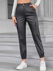 BamGleam Solid Color Elastic Cuff Work Pants - Black - View 3