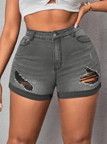 Slaydiva Plus Size Summer Ripped Rolled Hem Slim Fit Stretch Denim Shorts - Light Grey - View 3