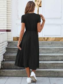 SHEIN LUNE Women V-Neck Drawstring Pleated Solid Color Casual Vacation Dress - Black - View 2