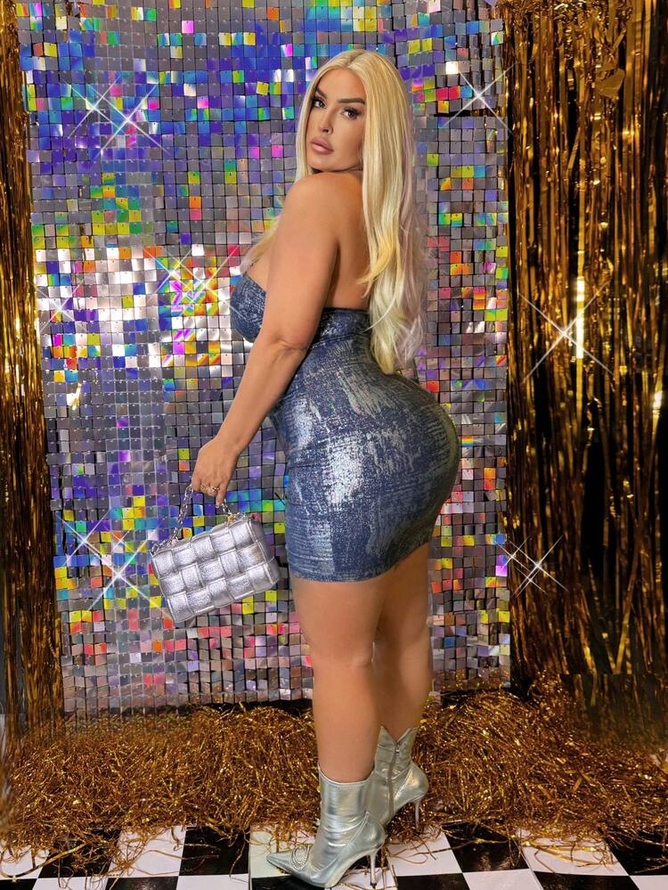 Plus Size Deep V-Neck Metal Coating Strapless Mini Dress, Suitable For Summer, Date Night, Birthday, Bachelorette Party Outfit, Casual, Shopping, Streetwear, Going Out, Vacation, Beach, Easy To Match&Looks Slim, Flatter The Figure