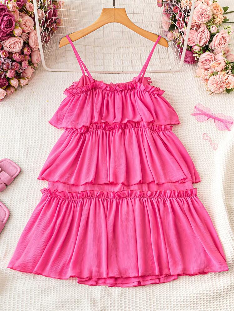 Layered Ruffle Trim Spaghetti Strap Dress, Short Dress With Frill Hem
