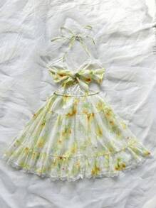 Soleia Romantic Countryside Style Floral Print Splice Lace Hollow Out Waist Halter Neck Tie Sundress, Summer - Multicolor - View 2