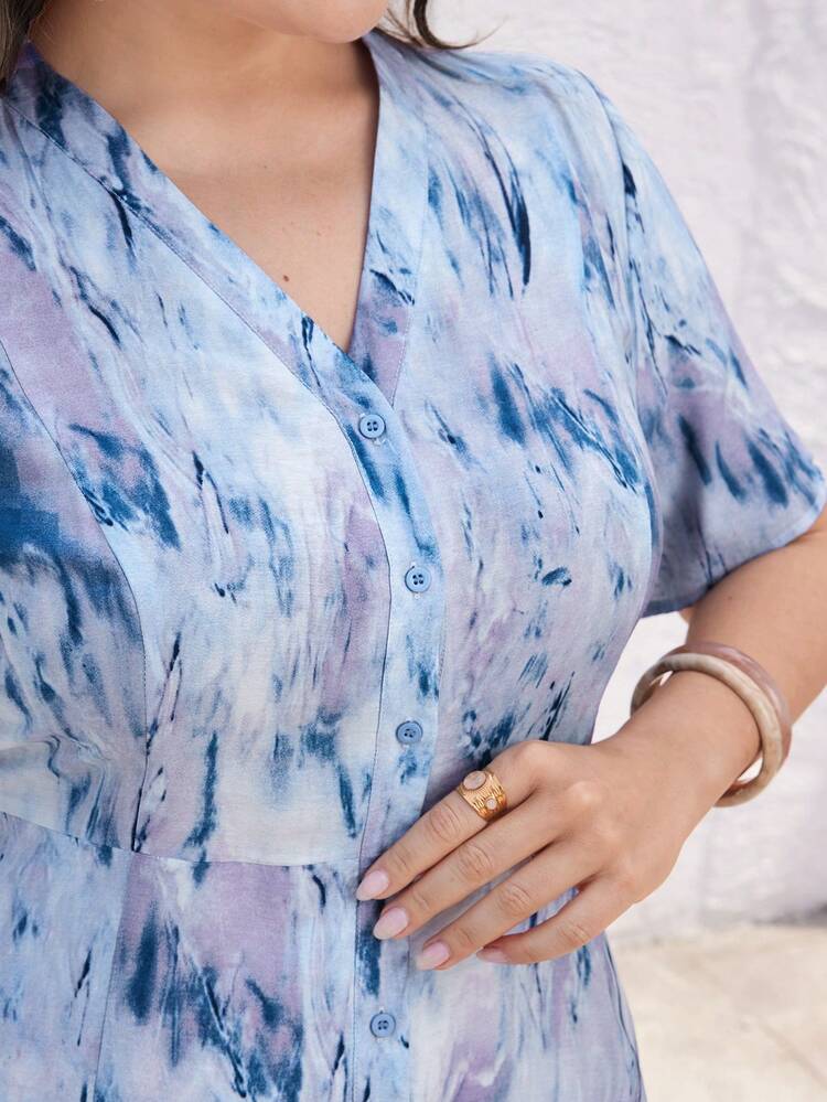 Plus Size Women Summer Tie Dye V-Neck Short Sleeve Elegant Dress
