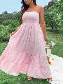 Flirla 夏季日常穿著加大碼無肩帶A線連衣裙 - 玫紅色 - 查看 3