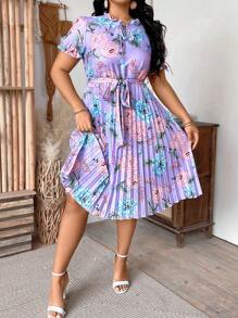 Breezaya Plus Size Boho Belted Floral Printed Dress With Ruffle Hem And Waist Belt For Vacation Spring And Summer Women Outfit - Purple - View 4