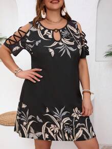 SHEIN VCAY Vestido holgado de verano casual con estampado botánico, hombros descubiertos y cuello con abertura para talla grande