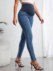 SHEIN Pregnant Women Color Block Splicing High Waisted Slim Fit Denim Pants For Maternity Jeans - Dark Wash - View 4