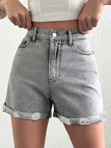 SHEIN Cottnline Women'S Grey Distressed Denim Shorts - Grey - View 1