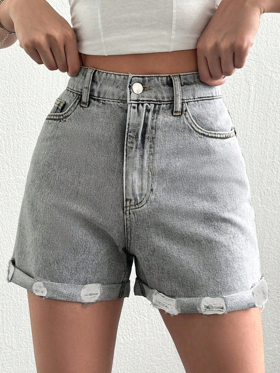 SHEIN Cottnline Women'S Grey Distressed Denim Shorts - Grey - View 1