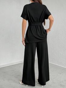 Seusyu Conjunto De Camiseta De Manga Corta Con Cuello Redondo Y Estampado De Letra Para Mujer Con Pantalones Lisos De Color Sólido Y Detalles De Bolsillo