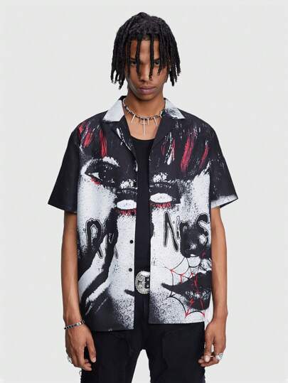 Anime Herren Kurzarm-Shirt mit Charakter-Buchstaben-Muster für den Sommer