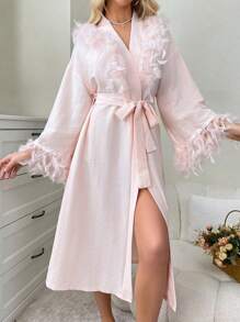 女士豪華羽毛裝飾長袍 - 粉色 - 查看 4