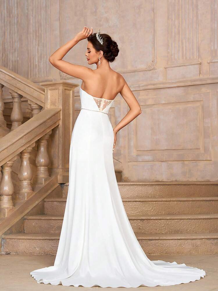 Elegant Sexy Shimmering Mesh Dot Splicing Bust Bust Cup Fine Glitter Rhinestone High Waist Thin Side High Split See-Through Super Sexy Mesh Splicing Back Width See-Through Oversized Dress And Floor Fishtail Vacation Travel Wedding Beach Wedding Outdoor Lawn Wedding Formal Wedding Dresses
