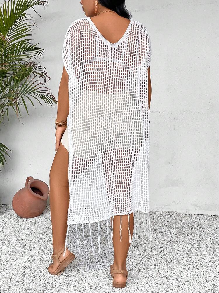 Plus Size Holiday Hollow Out Knitted Side Split Tassel Hem See-Through T-Shirt