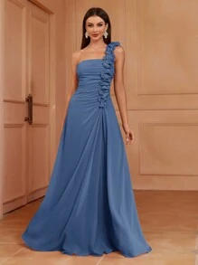SHEIN Belle Asymmetrical Neck Ruffle Bridesmaid Dress Formal Ball Gown For Women, Elegant Prom Evening Wedding Guest Dress, For Graduation, Dinner Party Dress