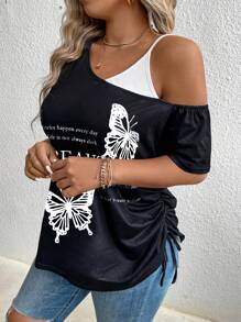 SHEIN LUNE 大码女式蝴蝶印花不对称领 T 恤、图案 T 恤、女式夏季上衣 - 黑色 - 查看 5