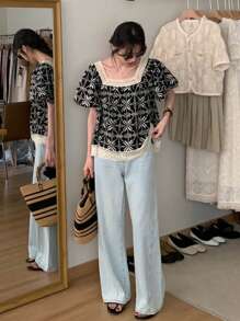 DAZY Women Fashion Printed Short Sleeve Square Neck Blouse Babydoll Top - Black - View 8