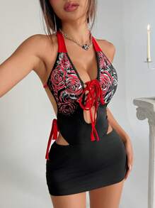 EgrlEra Đầm dây buộc cổ in hoa gợi cảm cho nữ - Đỏ và đen - Xem 3