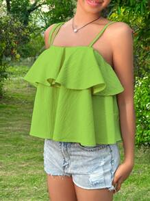 SHEIN Unity 夏季假期用的純色荷葉邊背心上衣 - 綠色 - 查看 3