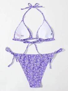SHEIN Swim 夏季海灘花印頸掛式比基尼套裝,隨機印花圖案 - 彩色 - 查看 2