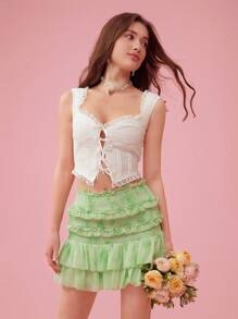 Enchnt Women Solid Color Lace Trimmed Crop Top With Tie Straps For Summer - White - View 8