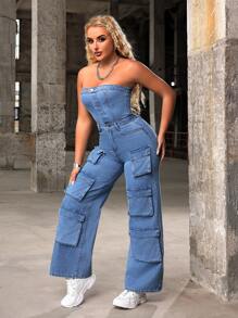 SHEIN SXY Mono vaquero sin tirantes con bolsillos y color sólido - Azul lavado medio - Ver 1