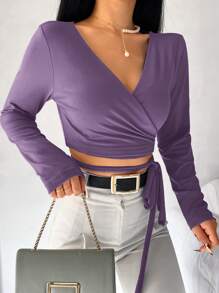 V-neck Ruched T-shirt - Purple - View 3